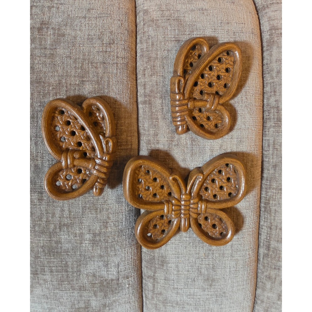 Vintage Burwood Butterfly Wall Hanging Set 3 Piece Faux Wood Brown MCM 2596 USA